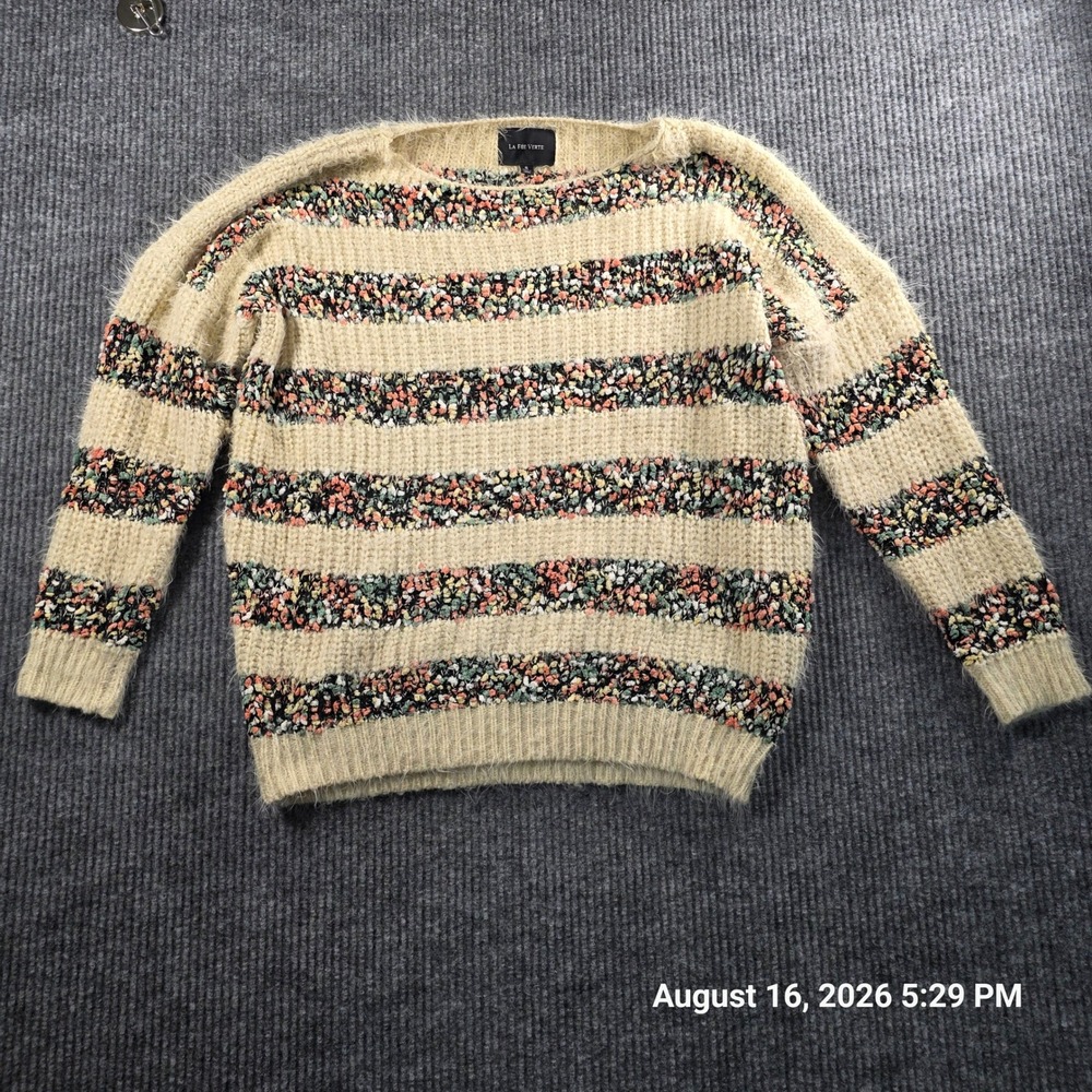 La Fee Verte Womens Striped Fuzzy Eyelash Knit Popcorn Sweater Cream Multi Small